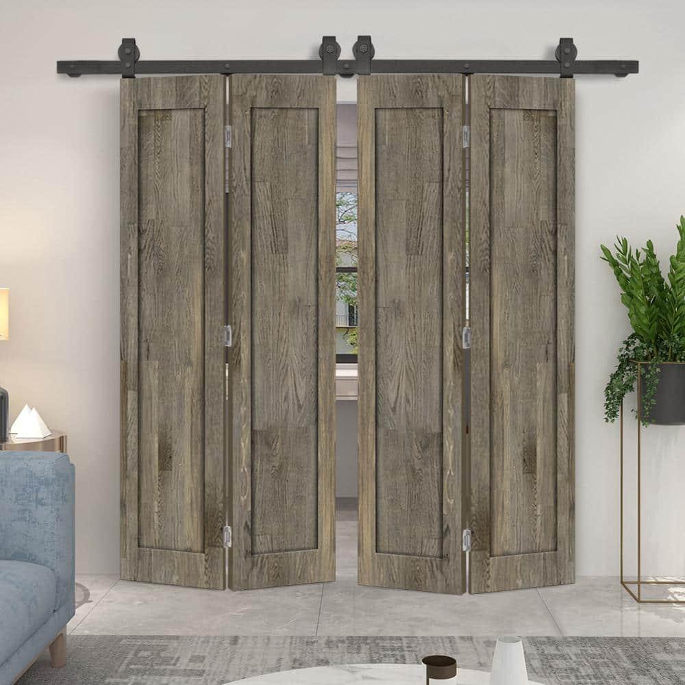 Calhome 1 Panel Shaker Pine Wood Double Bi-Fold Door with Sliding Barn Door Hardware Kit