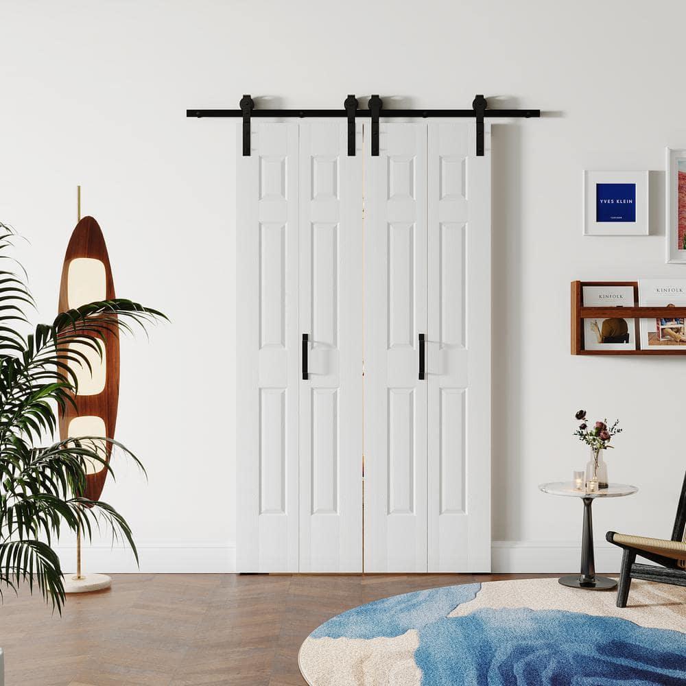 48"（24" x2） x 84" Bi-Folding Barn Door, 6-Panel with Sliding Hardware Kit Set, Pre-drilled Closet Door Slab, 4.3FT Track for 4 Finished Doors, MDF, White