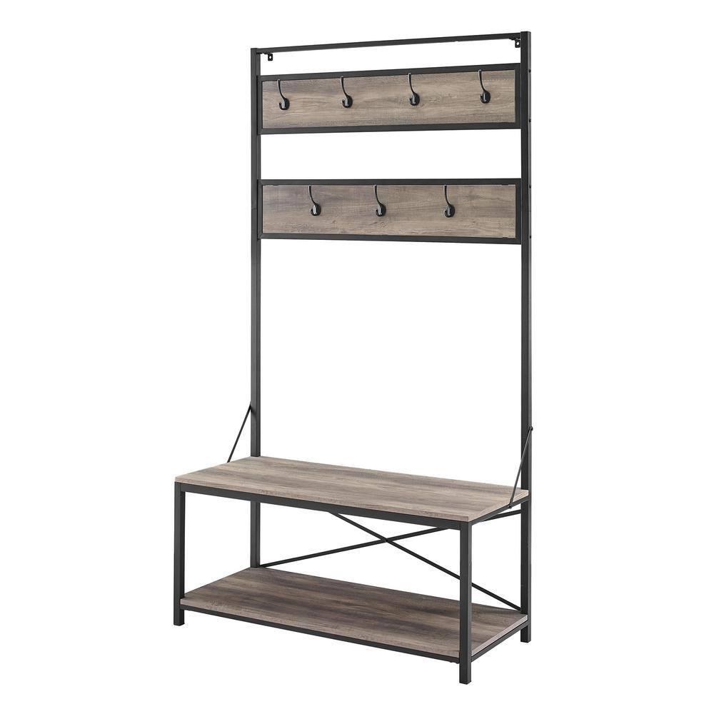 72" Gray Wash Industrial Metal and Wood Hall Tree with Bench