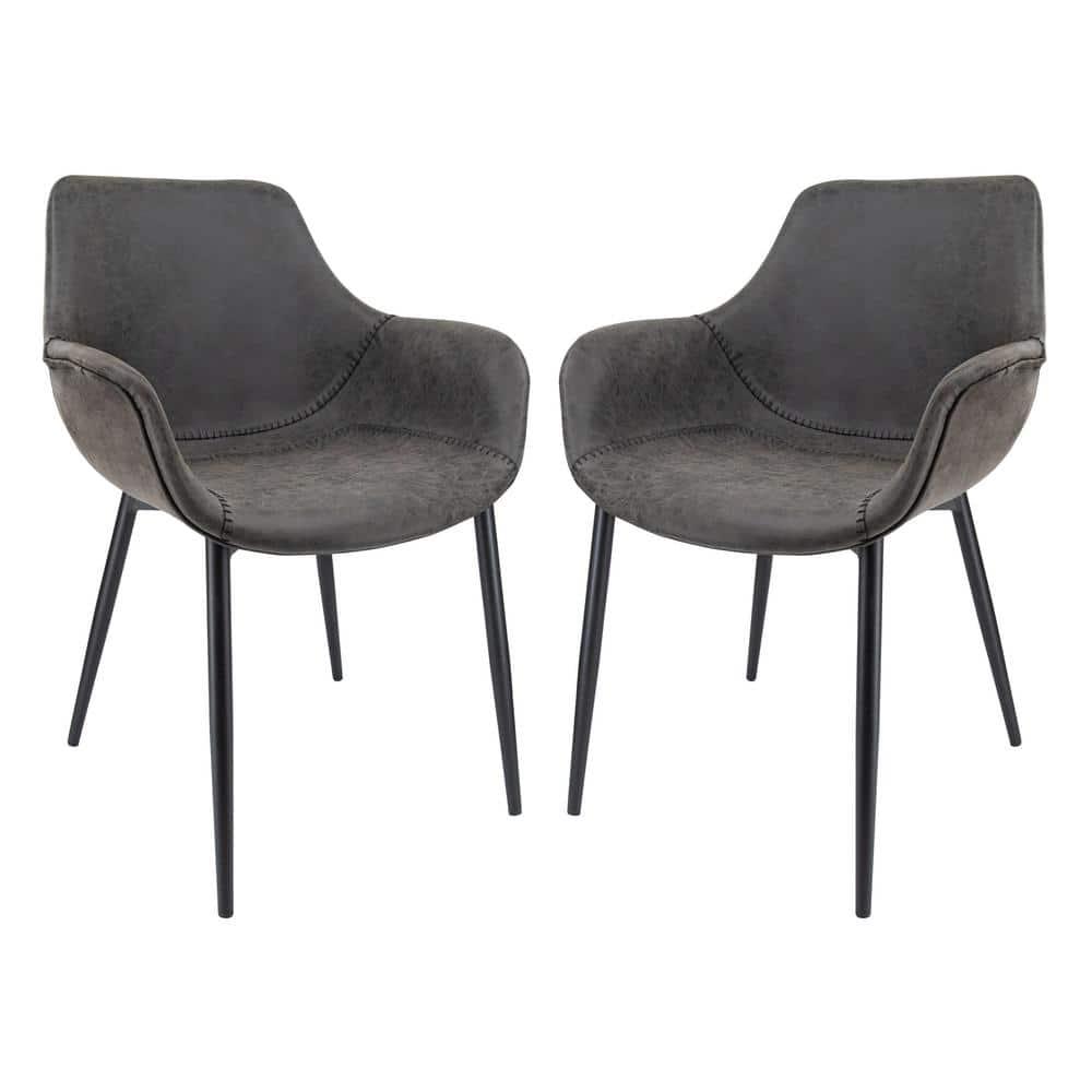 LeisureMod Markley Leather Dining Arm Chair With Metal Legs Set of 2 in Charcoal Black