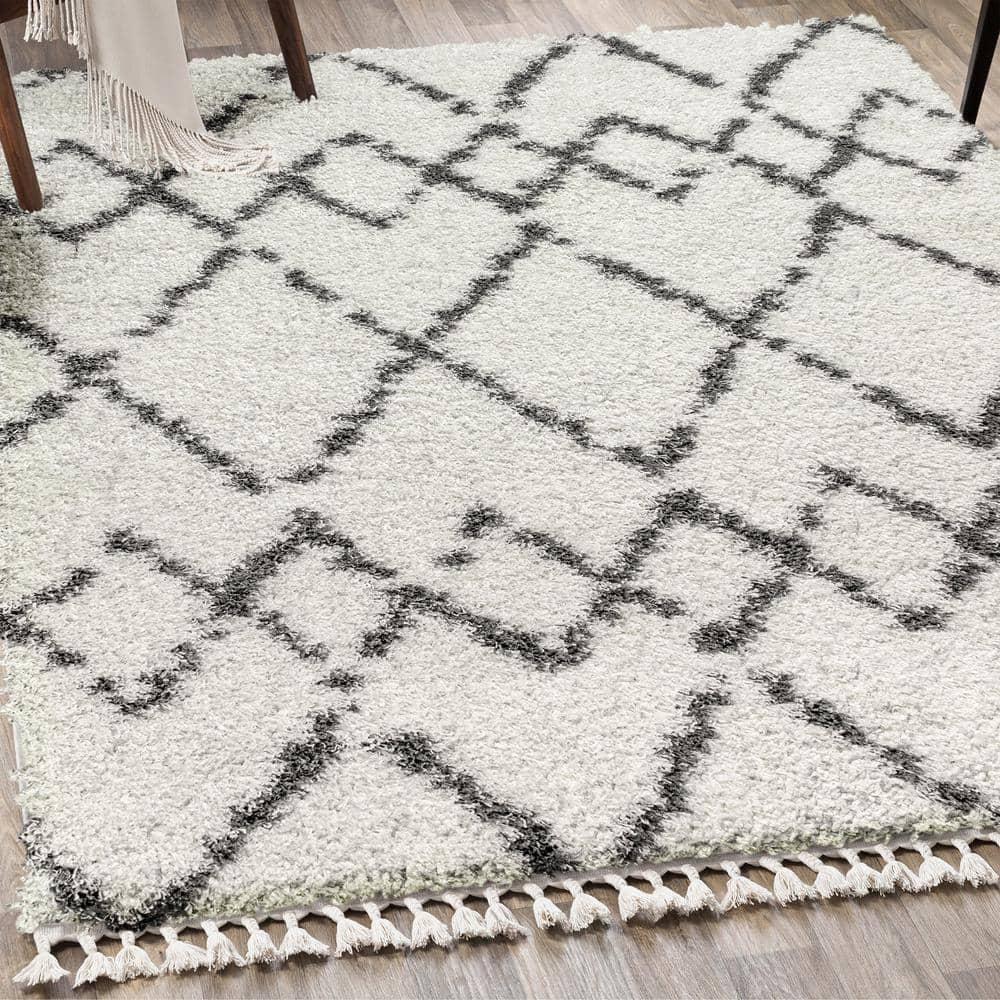 8'x10' Mercer Shag Plush Tassel Moroccan Geometric Trellis Area Rug, Cream/Grey - JONATHAN Y