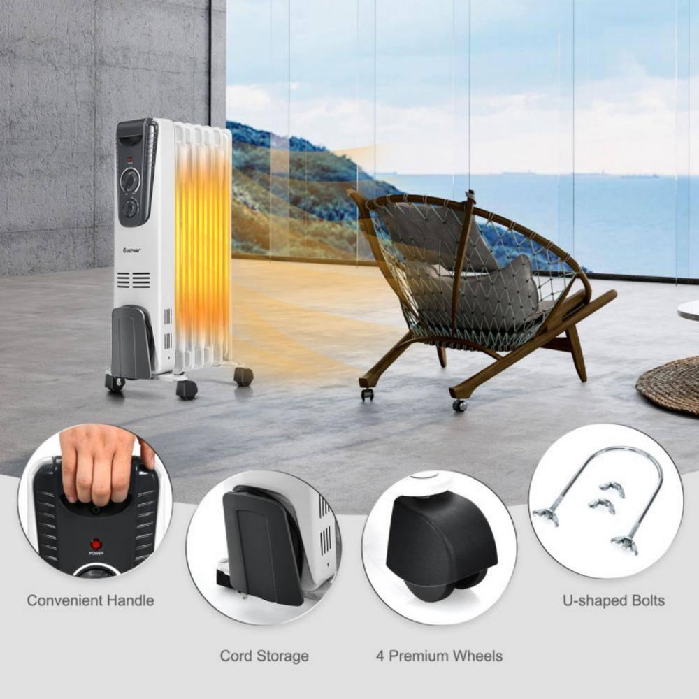 Topcobe 1500W Oil Filled Radiator with Thermostat and 4 Bottom Wheels, Easy-Mount Heater for Indoor Use, Energy Efficient, Safety, White