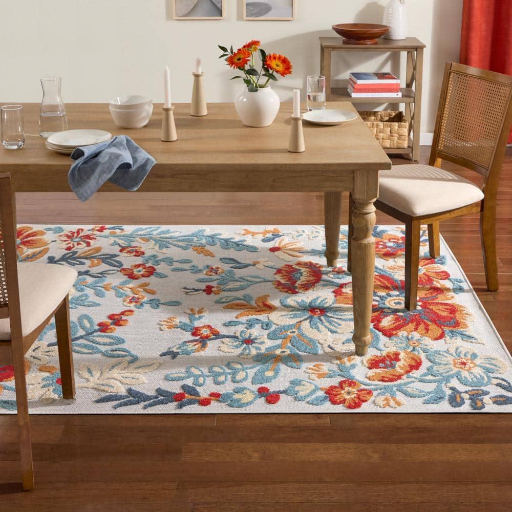 TOWN & COUNTRY EVERYDAY Hibiscus Bloom Modern Floral Indoor Outdoor Area Rug, UV Fade Resistant, High-Low Pile, Ivory/Red/Blue, 7'10"x10'2"