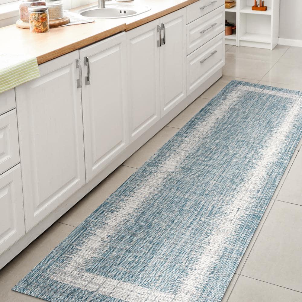 2'x10' Scandi Minimalist Border Indoor/Outdoor Runner Rug, Aqua - JONATHAN Y