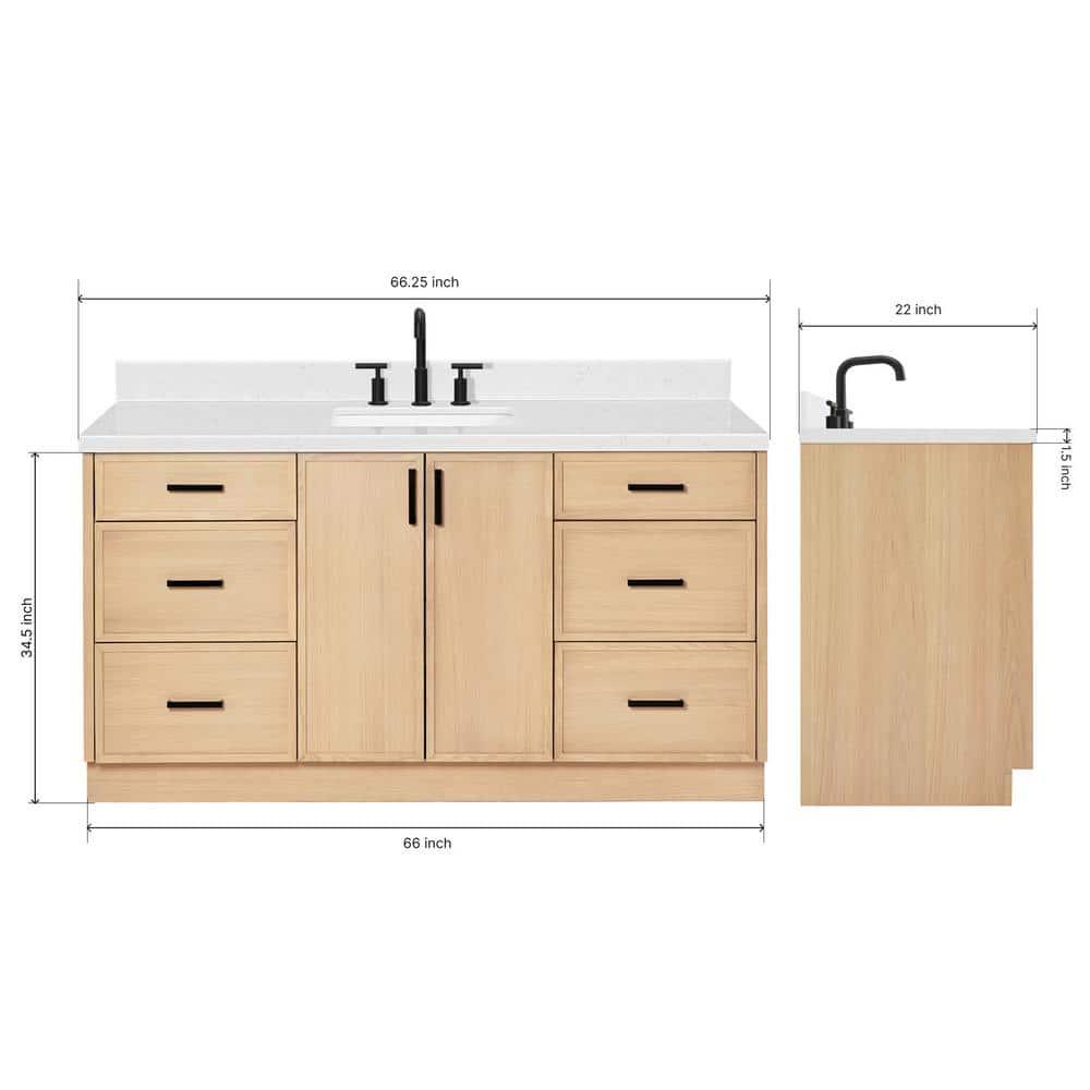 Kelly 66 in. W x 22 in. D x 36 in. H Single Bath Vanity in Oak with Carrara White Quartz Top