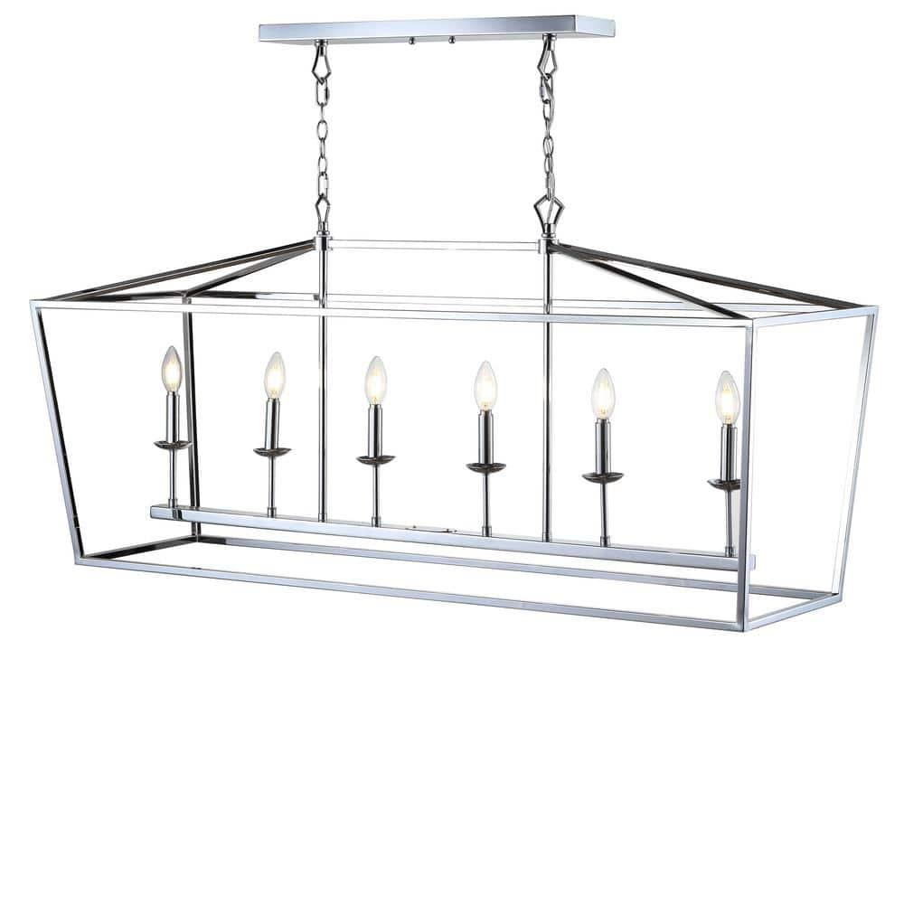 Pagoda 49" Linear 6-Bulb Lantern Metal LED Pendant, Chrome