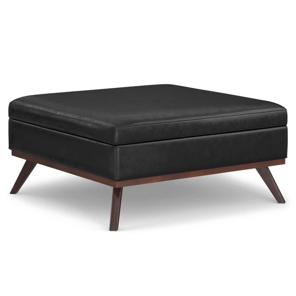 Simpli Home Owen 40"W XL Upholstered Square Coffee Table Storage Ottoman with Lift Top and Solid Wood Legs