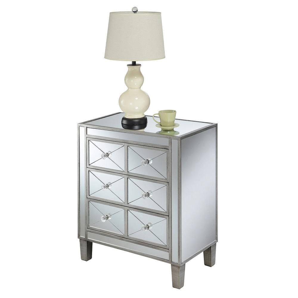 Convenience Concepts Gold Coast BettyB Mirrored 3 Drawer End Table, Antique Silver/Mirror