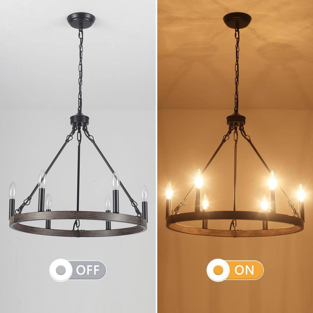 22.04 in. 6-Light Black Rustic Farmhouse Chandelier, Wagon Wheel Chandelier for Dining Room Living Room Bedroom Kitchen Black