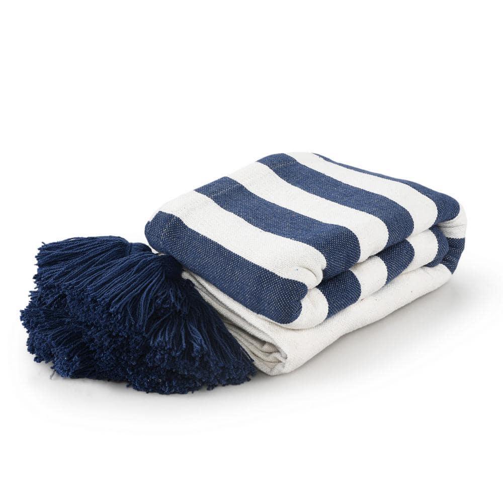 Ox Bay Navy Blue/White Striped Cotton Throw Blanket, 50" x 60"