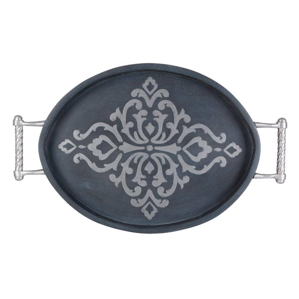 Gerson Gray-washed metal-inlay oval tray with handles