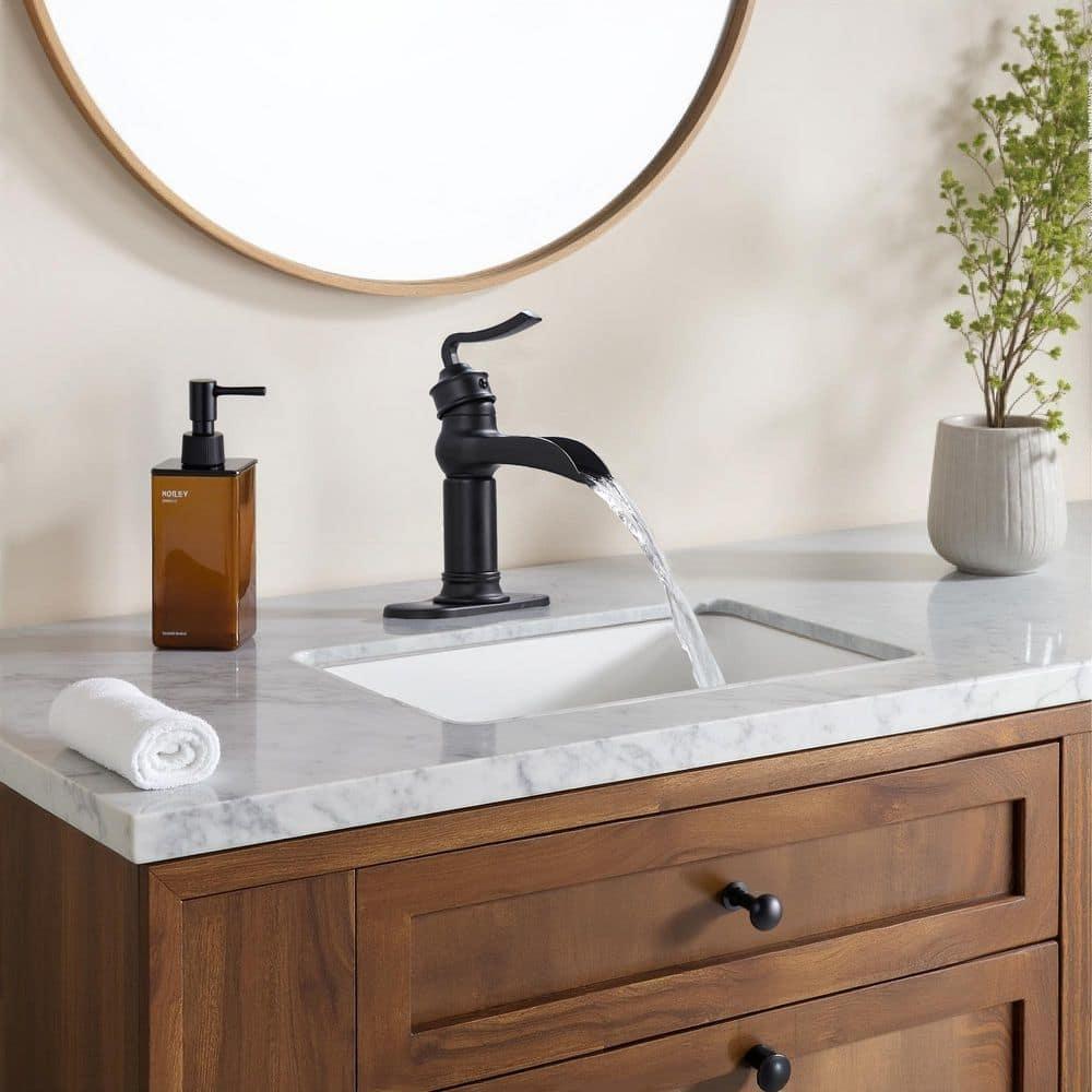 FORIOUS Black Waterfall Bathroom Faucet, Single Handle Antique Bathroom Sink Faucet with Deck Plate, Lead-Free CUPC Hose and Metal Pop-up Drain for 1 Hole or 3 Hole Farmhouse, Lavatory, Vanity