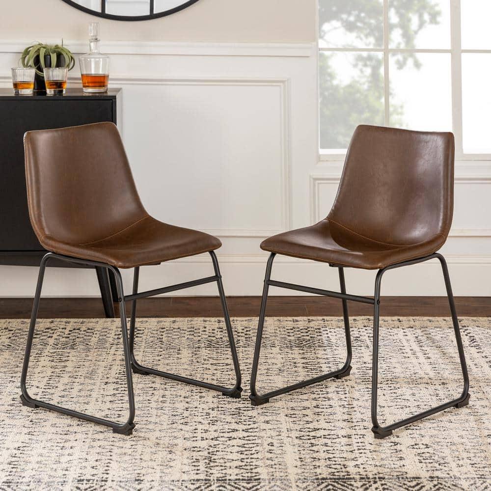 Walker Edison Full Back Faux Leather Dining Chair, Set of 2, Brown