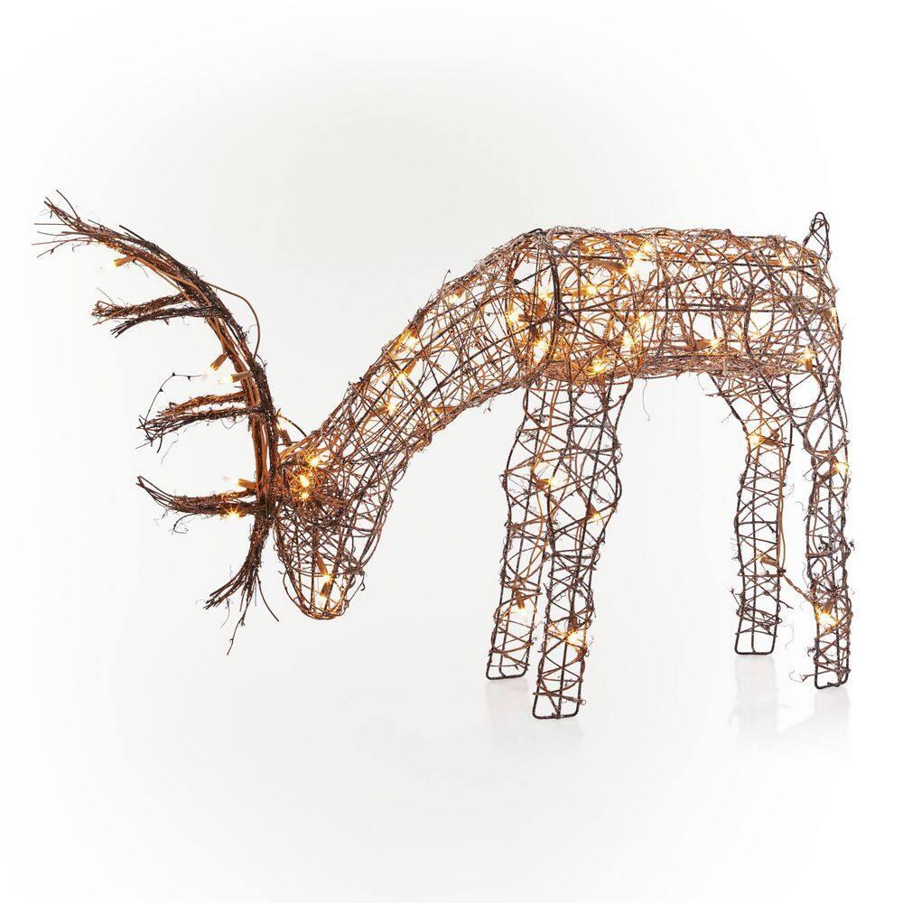 Alpine Corporation 29" x 7" x 24" Light up Iron Rattan Grazing Reindeer Statue, Brown
