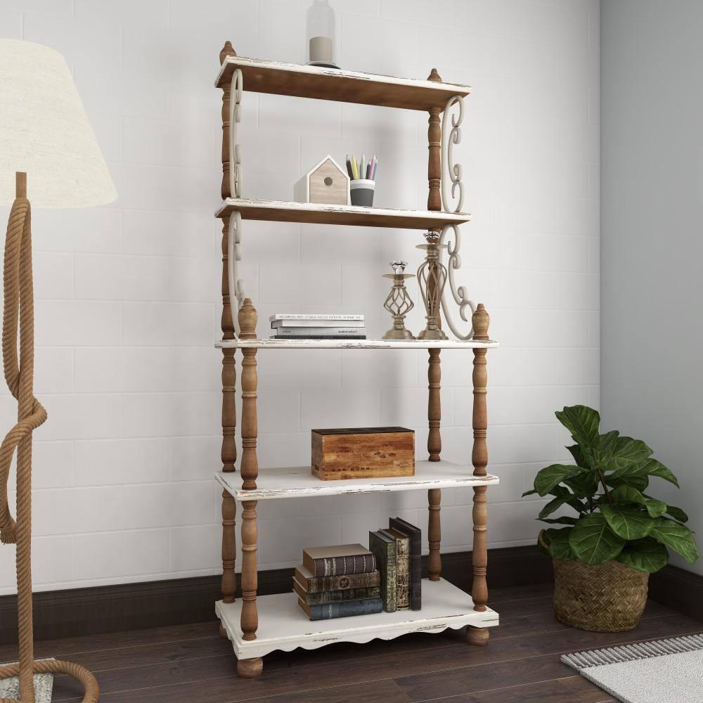 75" x 32" Farmhouse Wood Shelving Unit Off White - Olivia & May: 5-Tier Storage Bookcase