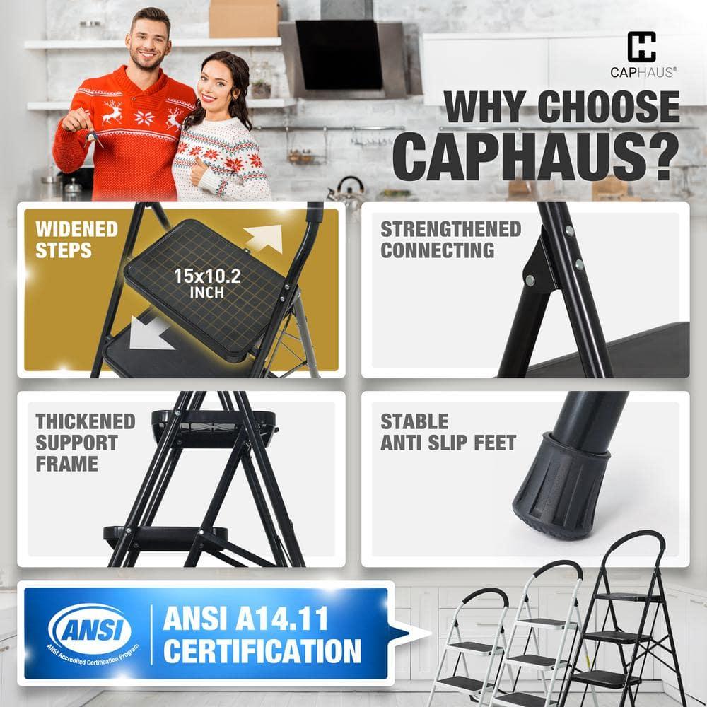 CAPHAUS 2-Step Ladder, Portable Folding Step Stool with Extra Wide Anti-Slip Pedal, Heavy Duty Foldable Small Step Ladder with Hand Grip, ANSI A14.11 Certified Sturdy Step Stool, Black