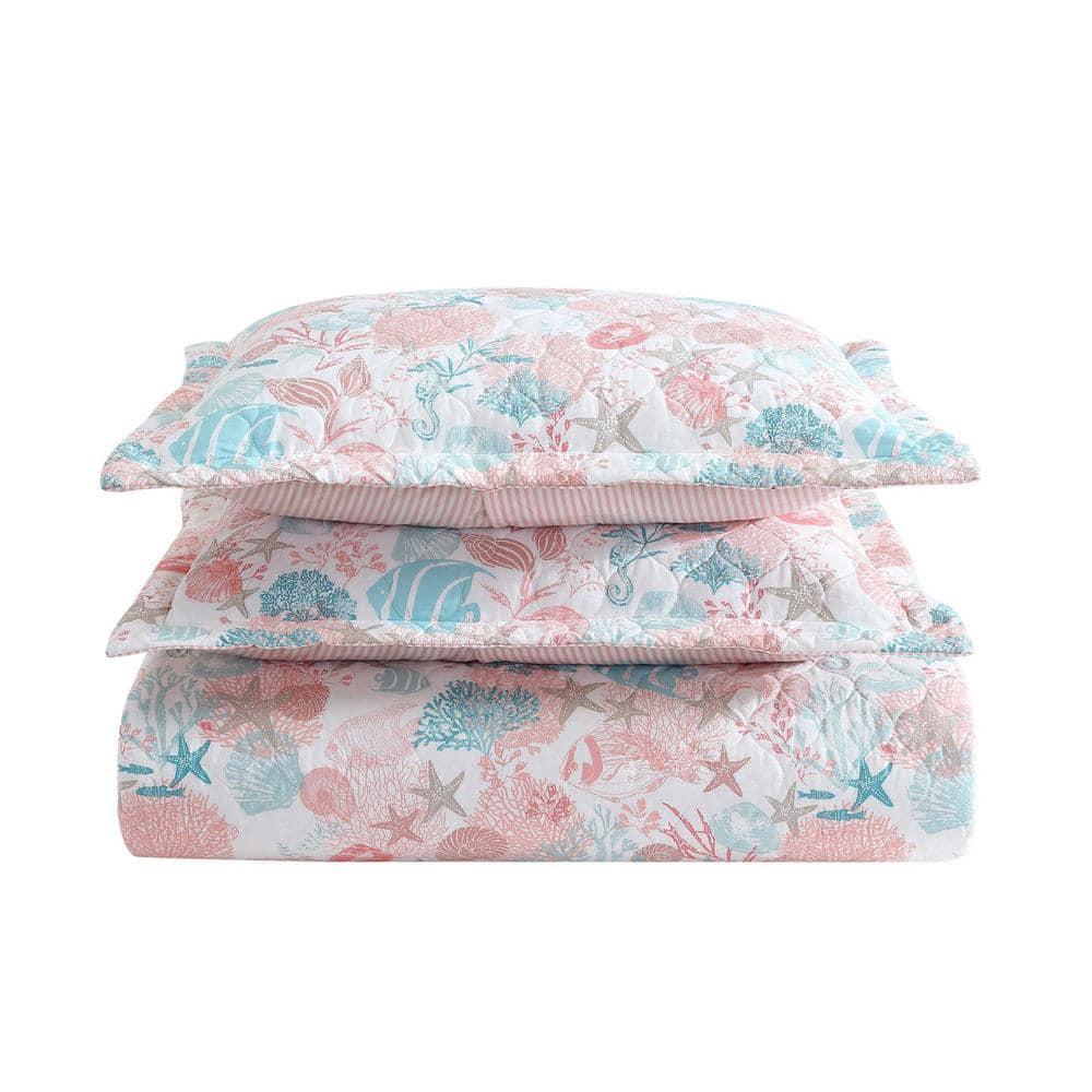 Laura Ashley King Swimtime Quilt Set Pink: Starfish Pattern, Includes 2 Shams, Machine Washable