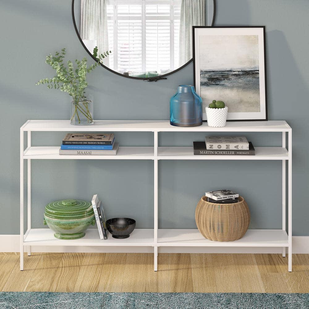 Evelyn&Zoe Sivil 55" Wide Rectangular Console Table with Metal Shelves, Matte White