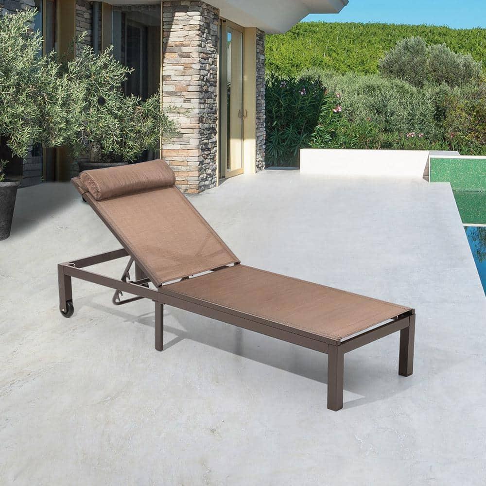 Outdoor Six Position Adjustable Chaise Lounge Chair Brown - Crestlive Products: All-Weather Aluminum Patio Lounger