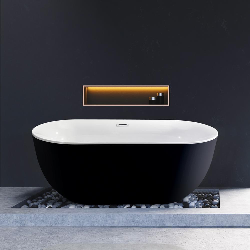 59" Streamline Freestanding Soaking Acrylic Bathtub With Drain and Bamboo Tray