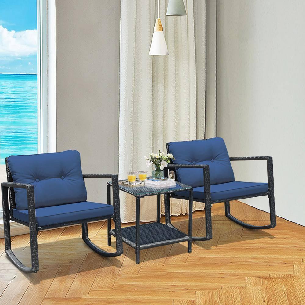 Spaco 3 Piece Rocking Bistro Set with Cushioned Sofa , Outdoor Furniture with Rocker Chairs and Coffee Table Set of 3, Balcony, Porch Furniture for Small Space, Navy