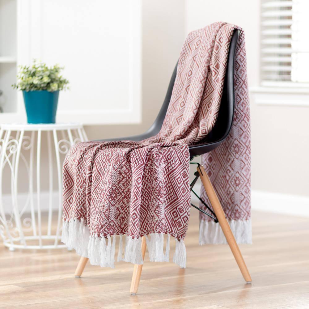 Chanasya Multi Diamond Cotton Throw Blanket With Tassels - (50x65 Inches) Rust