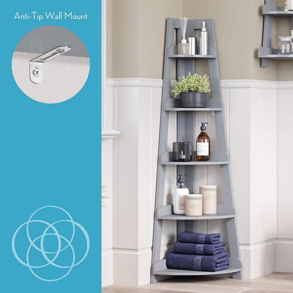 RiverRidge 5-Tier Corner Ladder Bookshelf for Kids Gray - Versatile Corner Shelf with Open Shelves Display Shelf for Books and Toys Corner Storage