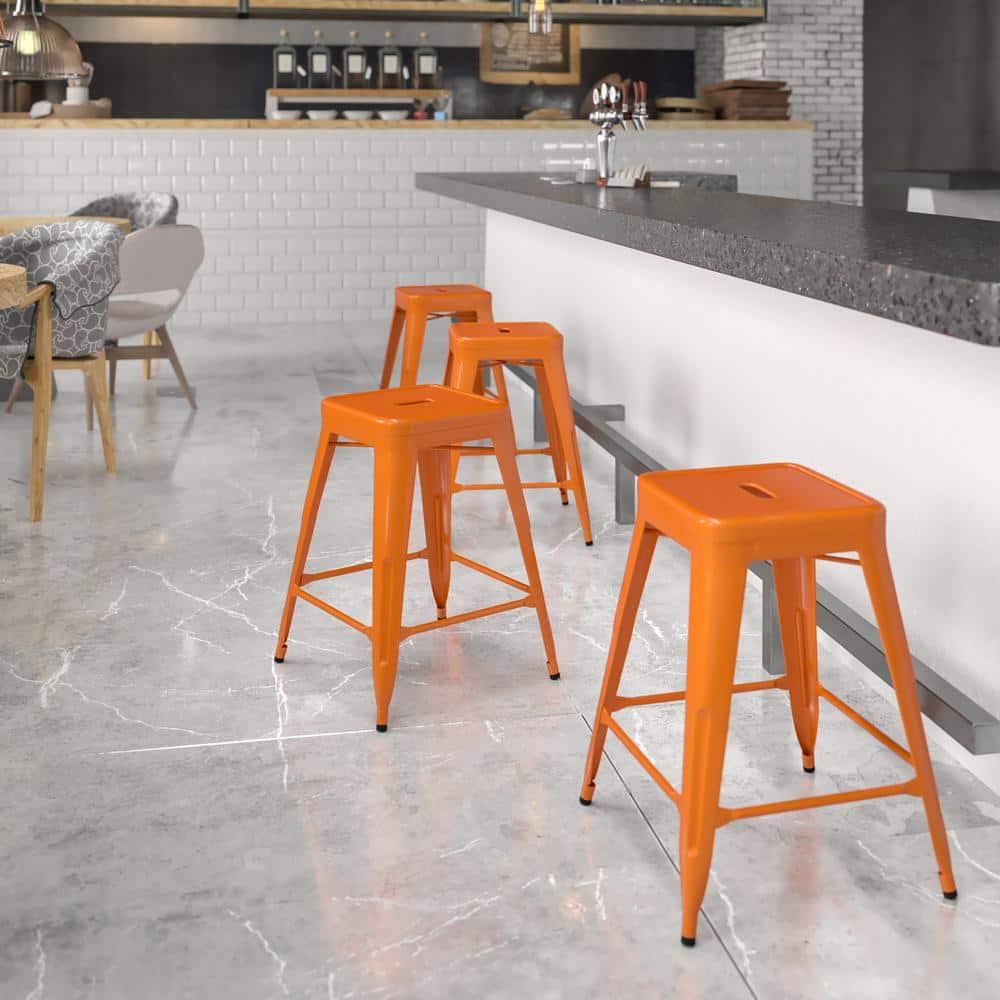 Flash Furniture Commercial Grade 24" High Backless Orange Metal Indoor-Outdoor Counter Height Stool with Square Seat