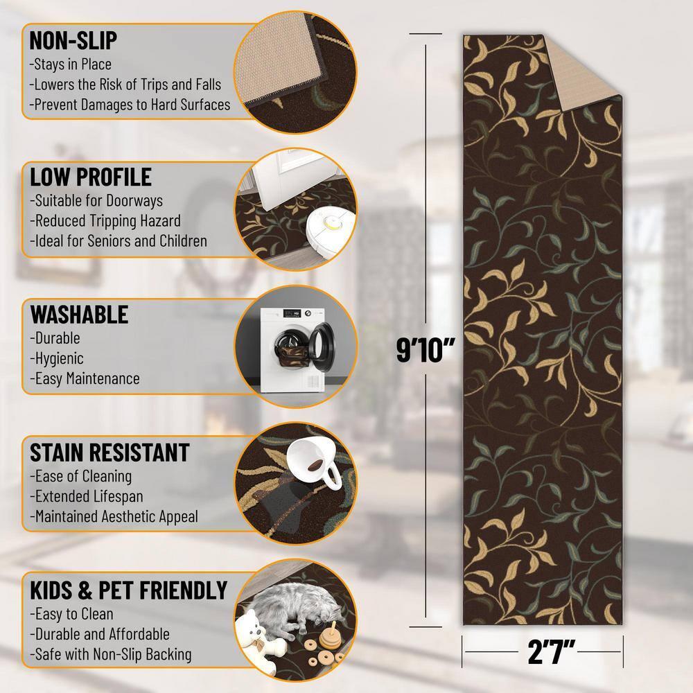 Ottohome Non-Slip Leaves Area Rug For Living Room, Hallway Runner, Entryway Rug, Brown