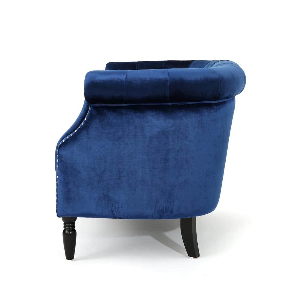 Noble House Myrna Chesterfield Velvet Loveseat with Scrolled Arms, Navy Blue