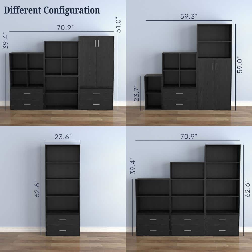24/7 Shop At Home 47" Silkpath Modern 4 Tier Stackable and Modular Bookcase Black: Modular Organizer, MDF Wood