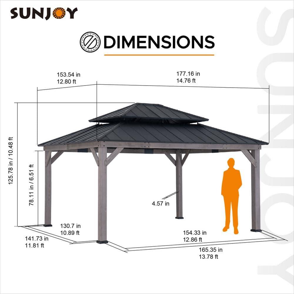 Sunjoy Sunjoy 13 x 15 ft. Wood Gazebo, Outdoor Patio Steel Hardtop Gazebo, Cedar Framed Wooden Gazebo with 2-Tier Metal Roof, Suitable for Patios, Lawn and Backyard