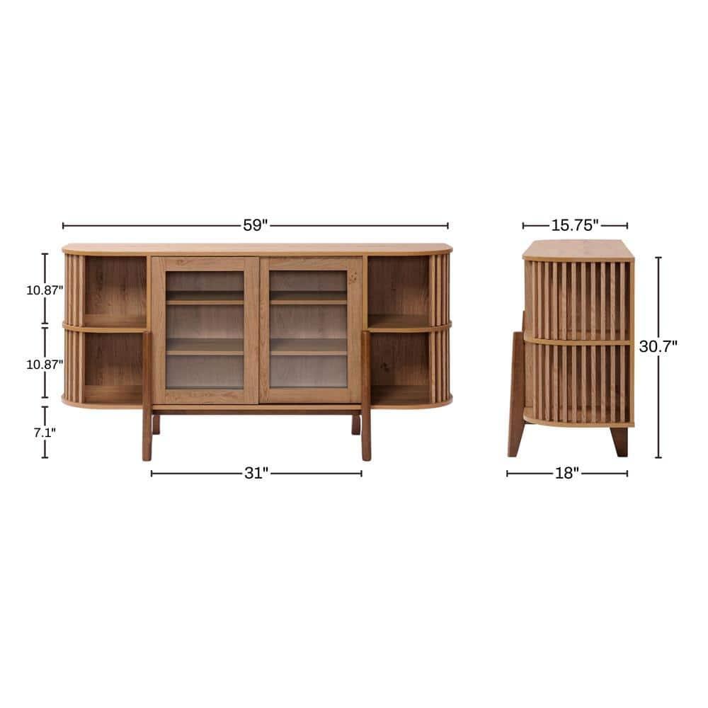 LuxenHome 2-Door and Open Storage 59-Inch Wide Sideboard Server Cabinet with Rubberwood Legs