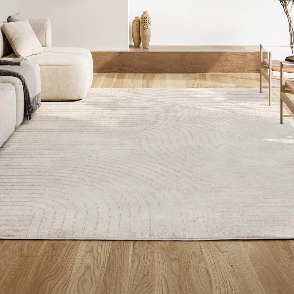 JONATHAN Y Hallie High-Low Minimalist Curve Geometric Ivory/Cream 4 ft. x 6 ft. Indoor/Outdoor Area Rug