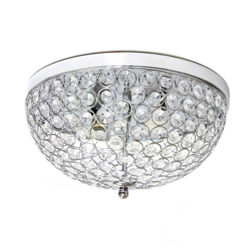 Elegant Designs Elipse Crystal 13" Modern Metal 2 Light Bowl Shaped Ceiling Flush Mount Fixture, Chrome