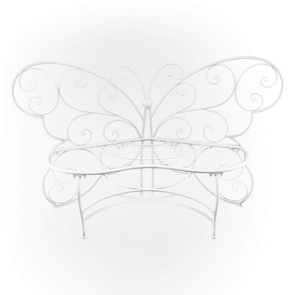 38" x 62" Metal Butterfly Outdoor Bench White - Alpine Corporation: Weather-Resistant, Garden Seating