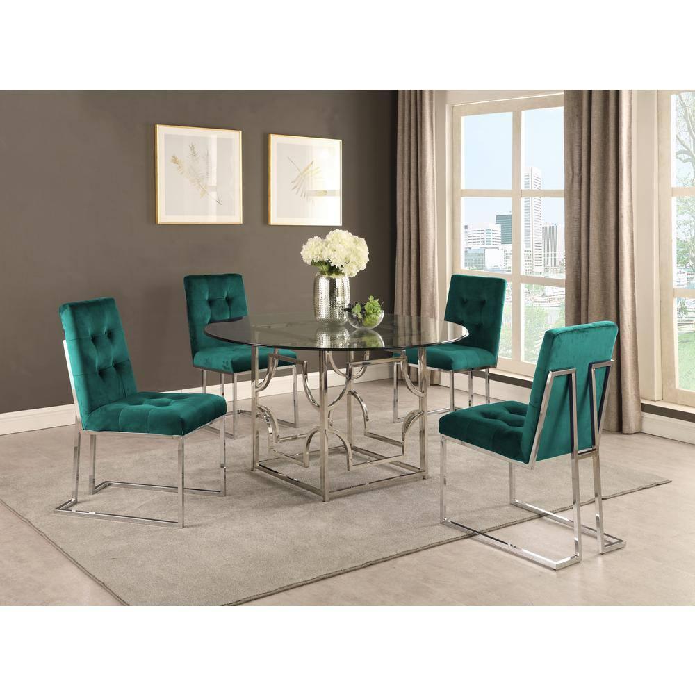 Modern Velvet Fabric Dining Chair in Green/Silver (Set of 2)
