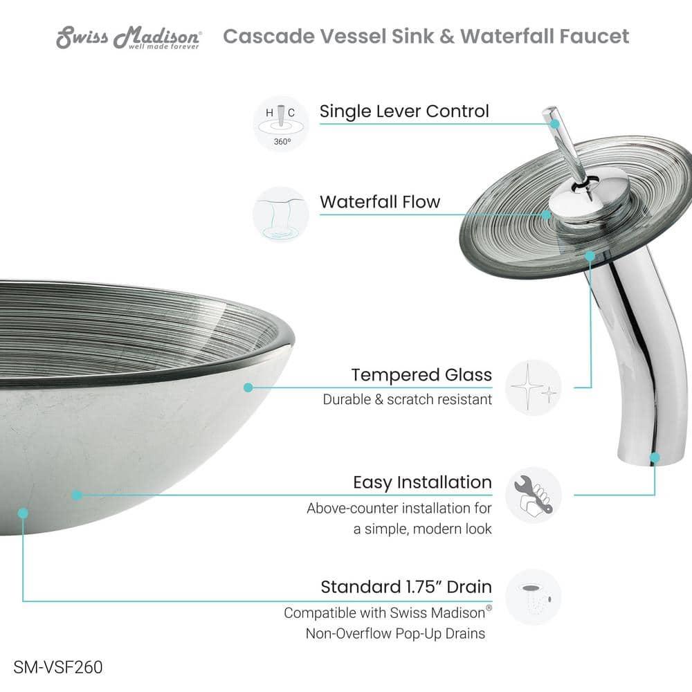 Swiss Madison Cascade 16.5 Glass Vessel Sink with Faucet, Smoky Grey
