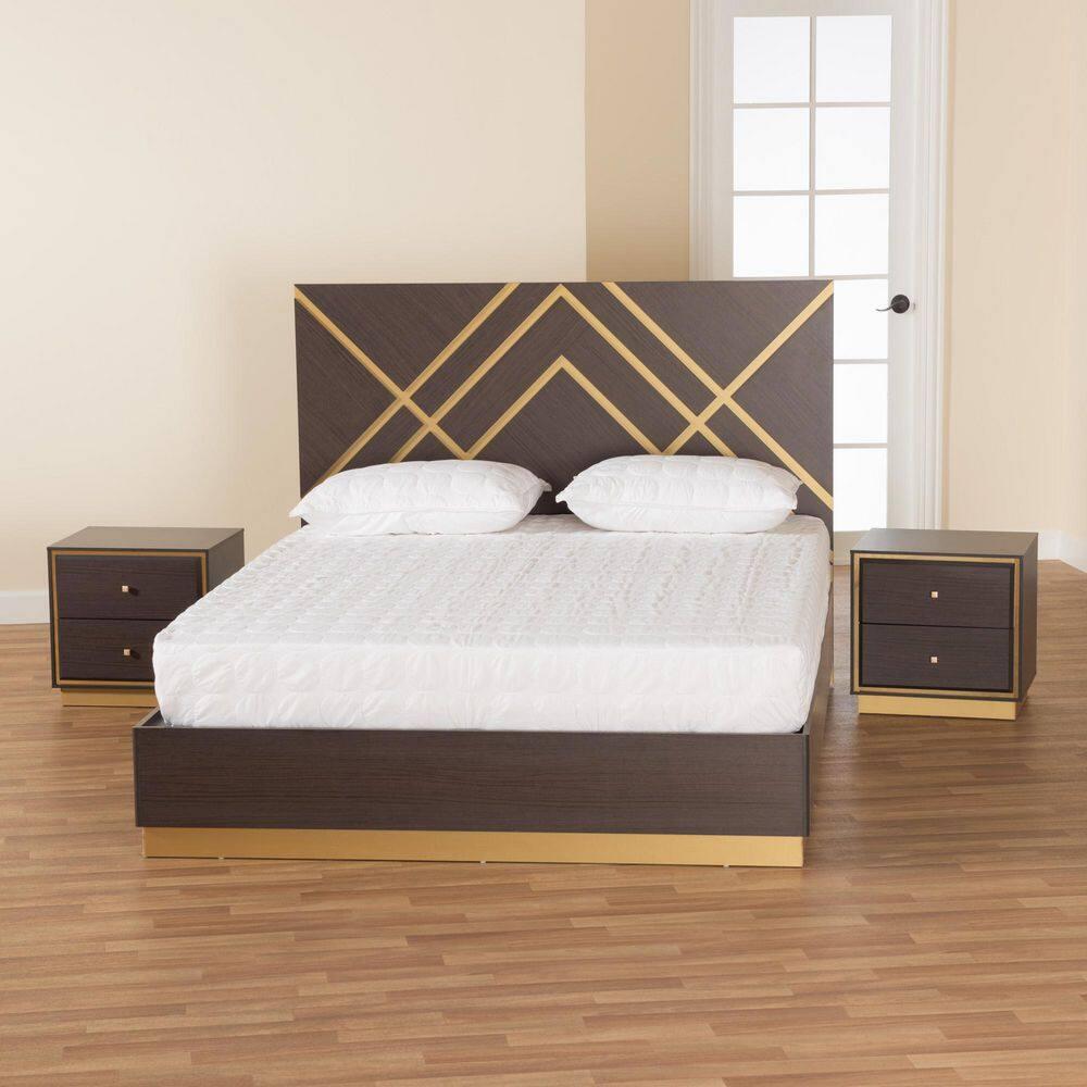 Baxton Studio Arcelia Dark Brown and Gold Wood Queen Size 3-Piece Bedroom Set