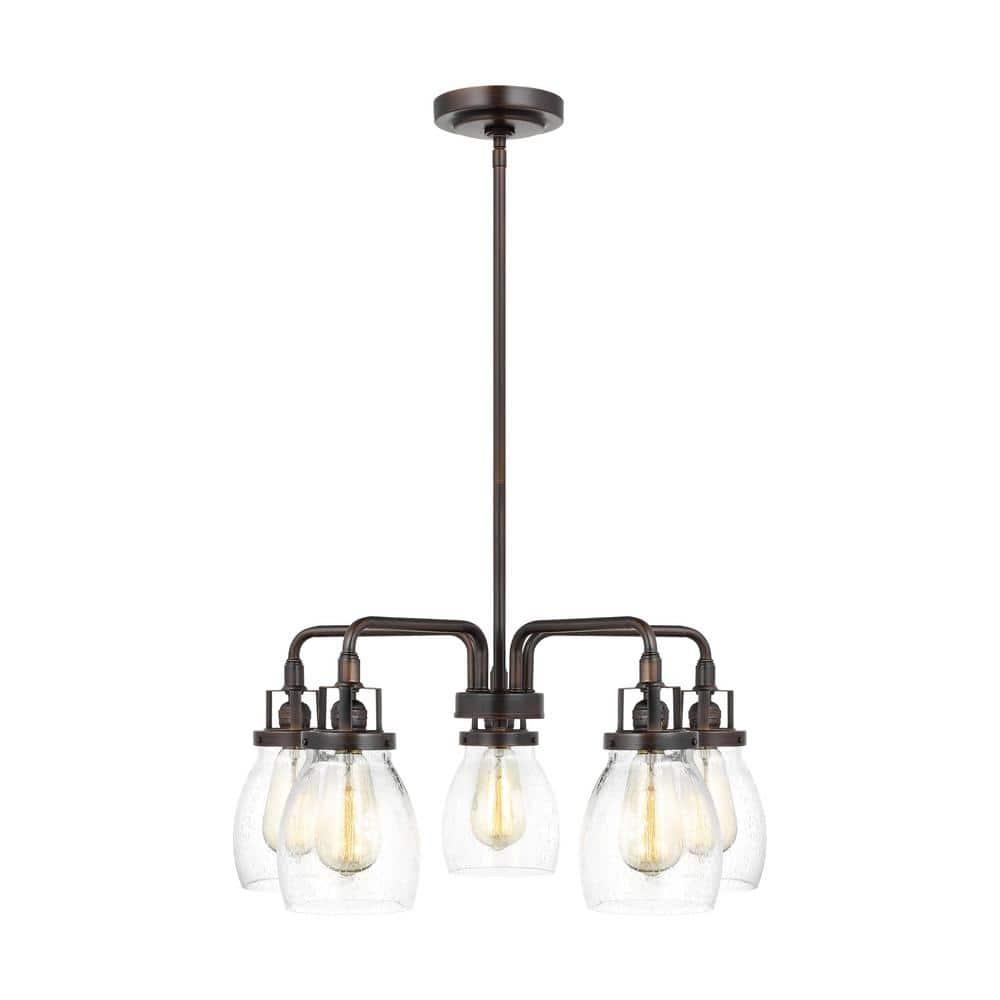 Bronze Five-Light Chandelier with Clear Seeded Glass Shades