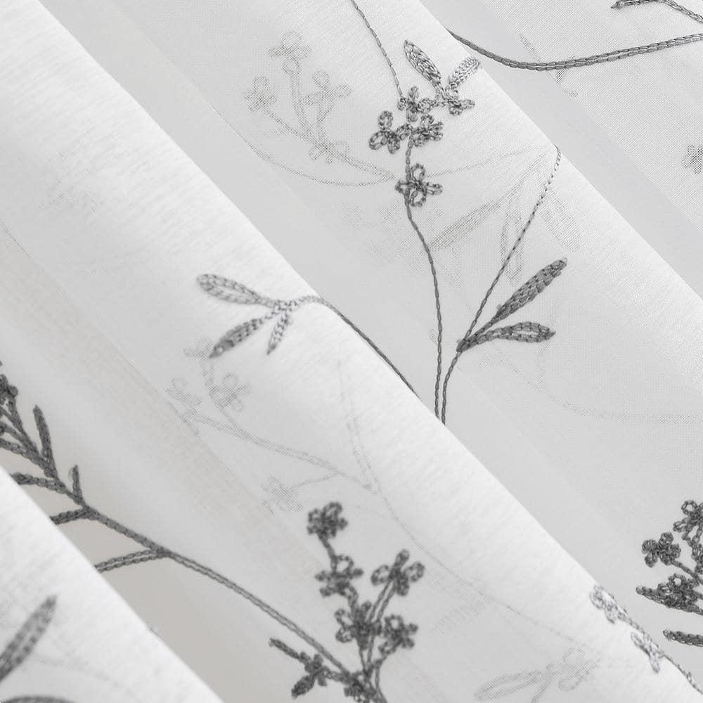 17"x50" Delia Embroidered Floral Sheer Rod Pocket Curtain Valance White/Gray - No. 918: Botanical Window Valance