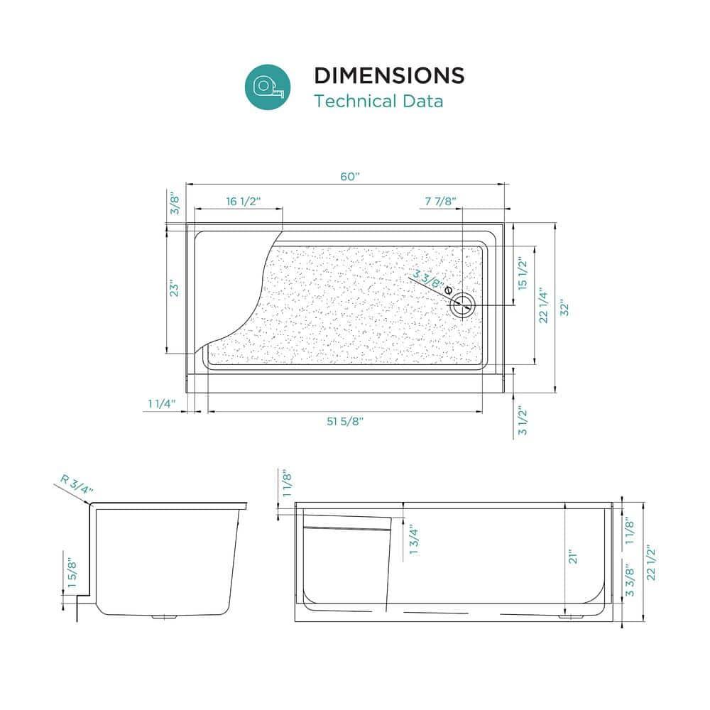 Aquatique 60" x 32" Single Threshold Shower Base