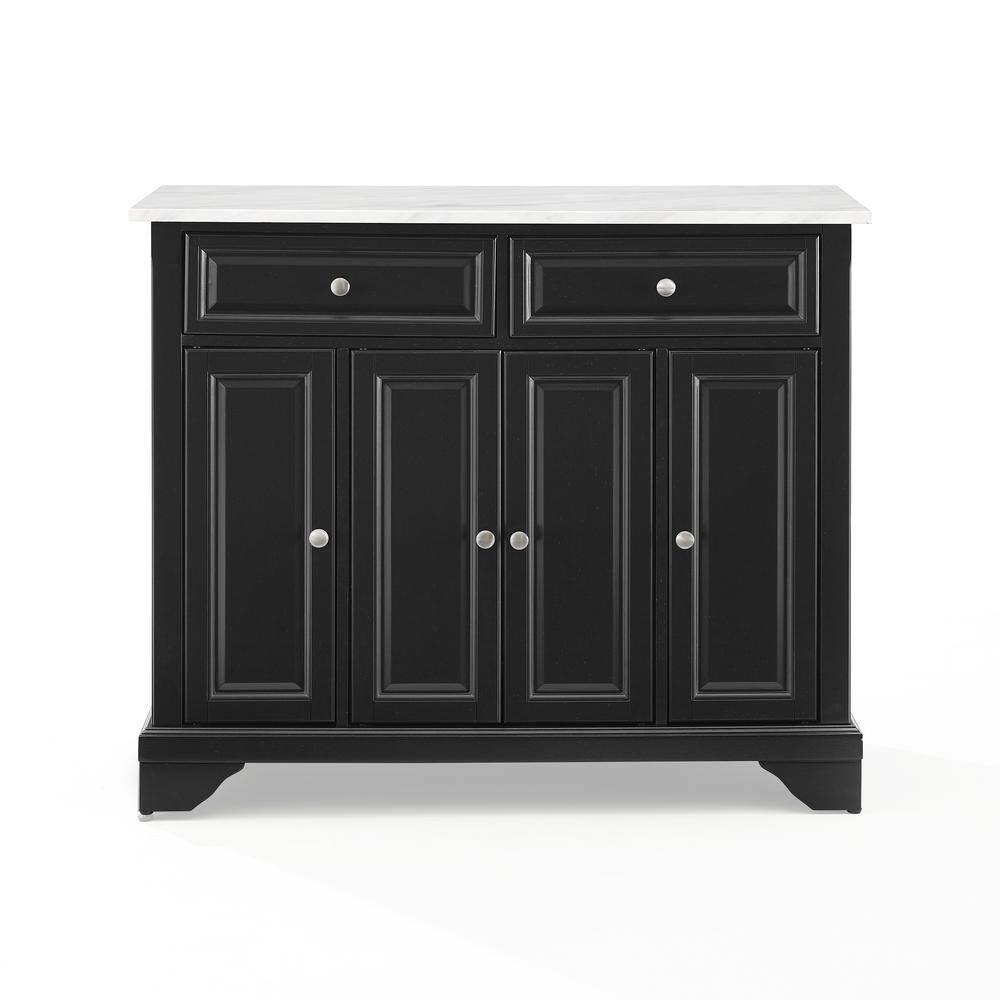 Crosley 42" Avery Kitchen Island/Cart Distressed Black/White Marble: Traditional Style, 6 Shelves, 2 Drawers, Locking Wheels