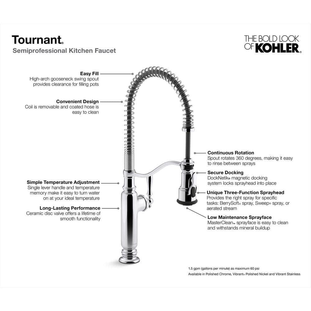 Kohler Tournant® Single Handle Semi-Professional Pre-Rinse Kitchen Faucet with Three-Function Pull Down Sprayer
