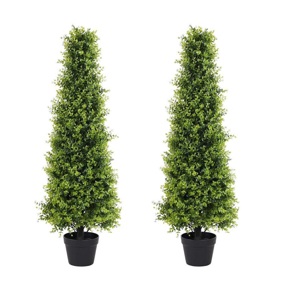 4ft Artificial Boxwood Topiary Trees, Set of 2 – UV Resistant Faux Evergreen Shrubs and Bushes for Outdoor Planters, Realistic Fake Plants for Front Porch Outside Patio Yard, 4 Foot Tall