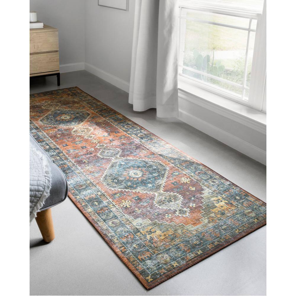 Skye Rust/Blue 6' X 9' Printed Distressed Oriental Area Rug
