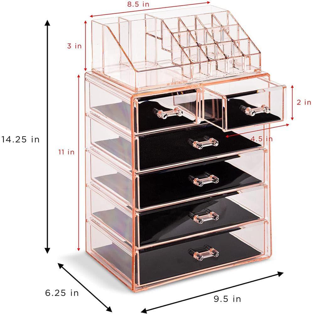 Sorbus 2 Piece Acrylic Makeup and Jewelry Storage Organizer Case (6 Drawers and Lipstick Tray) - Pink