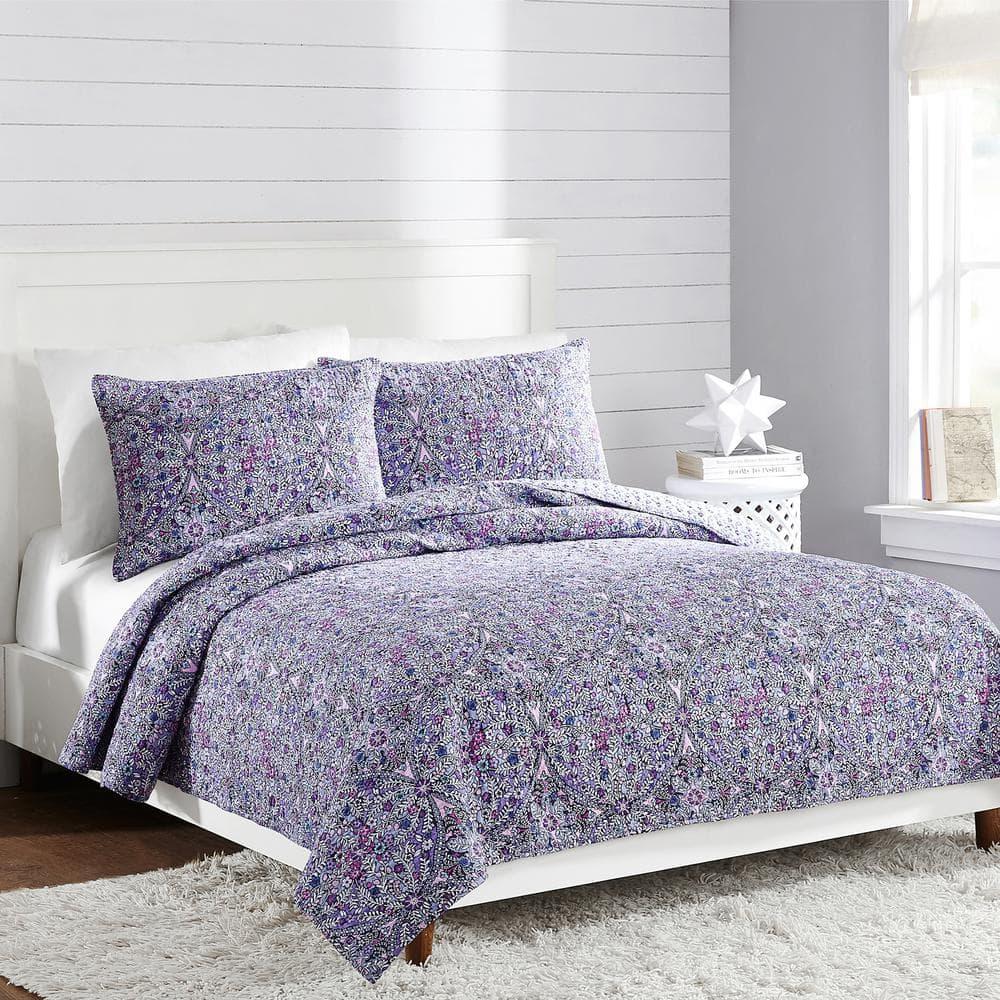 Vera Bradley Full/Queen Kaleidoscope Reversible Quilt Purple: Botanical Pattern, 100% Cotton, Year-Round Comfort