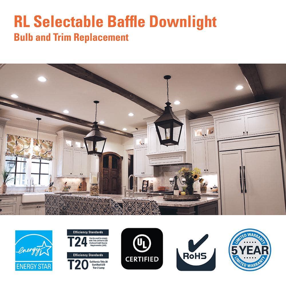 HALO RL Series 5/6 inch Recessed LED Retrofit Light, Selectable CCT 2700K-5000K Integrated LED, Dim to Warm, White Retrofit Baffle Trim, 600 Lumens