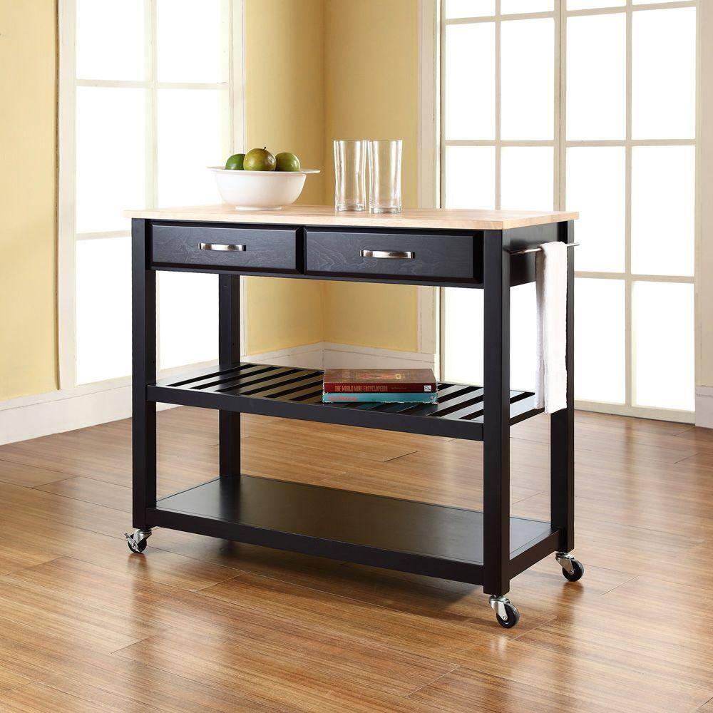 Natural Wood Top Kitchen Cart/Island with Optional Stool Storage - Black - Crosley: Solid Hardwood, Adjustable Shelf, Wheeled